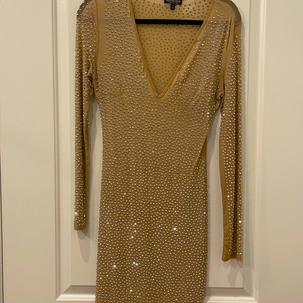 Nude rhinestone mini dress